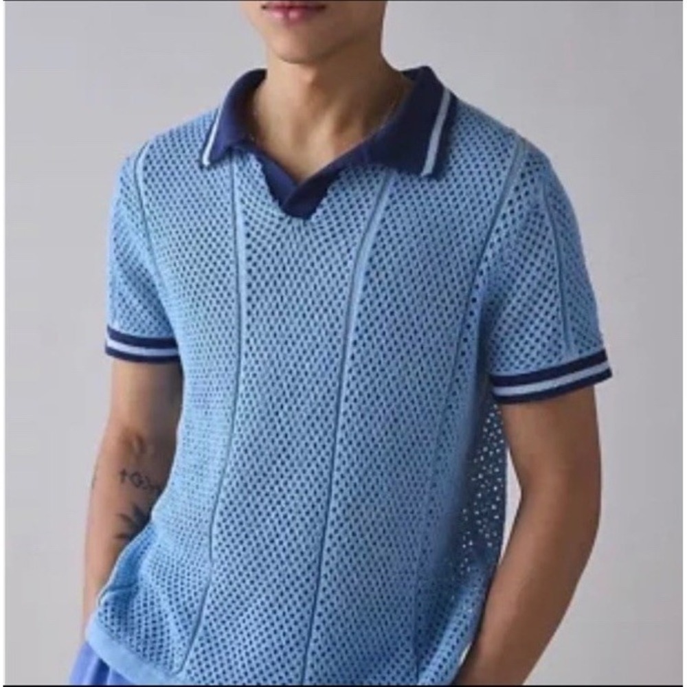 Urban Outfitters Mesh‎ Knit Polo Jersey Sweater Mens Large Blue 89 Open Knit Y2K